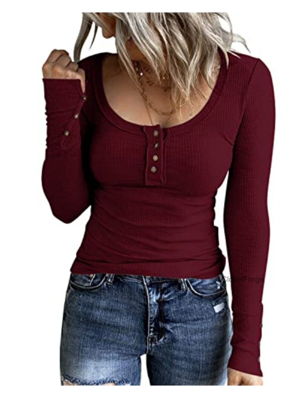 Womens Long Sleeve Henley Tunic Tops Cotton Blend Slub Knit 3-in-1 Neckline